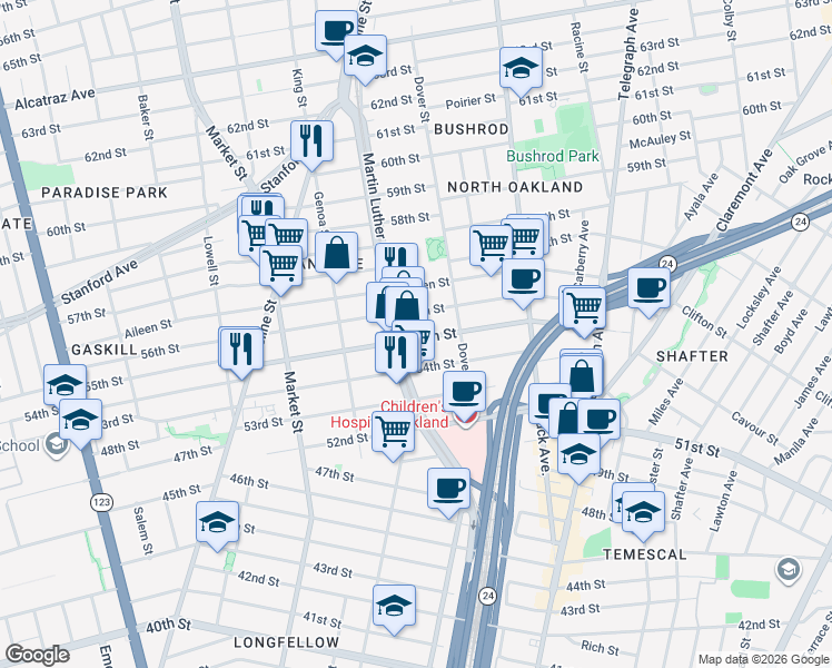 map of restaurants, bars, coffee shops, grocery stores, and more near 5536 Martin Luther King Junior Way in Oakland