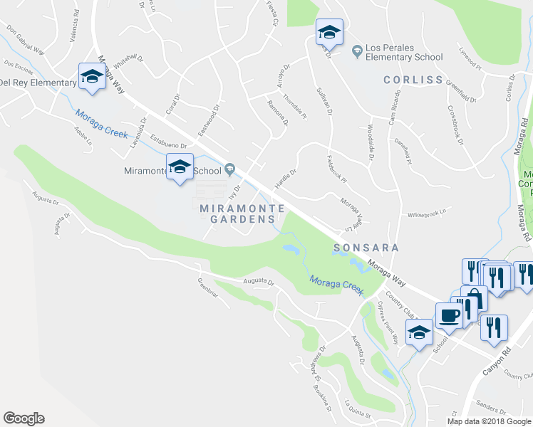 map of restaurants, bars, coffee shops, grocery stores, and more near 107 Miramonte Drive in Moraga