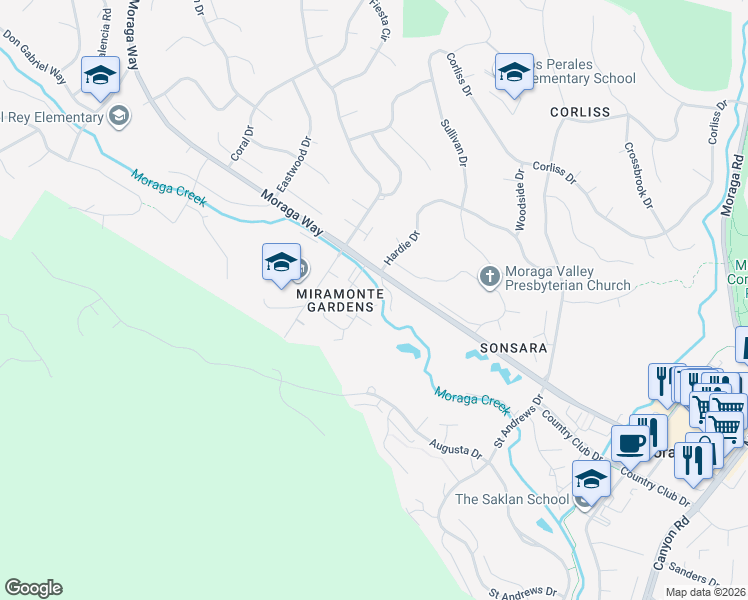 map of restaurants, bars, coffee shops, grocery stores, and more near 107 Miramonte Drive in Moraga