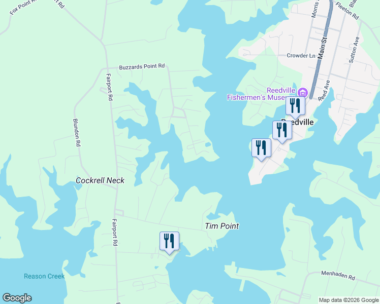 map of restaurants, bars, coffee shops, grocery stores, and more near 678 Buzzards Point Road in Reedville