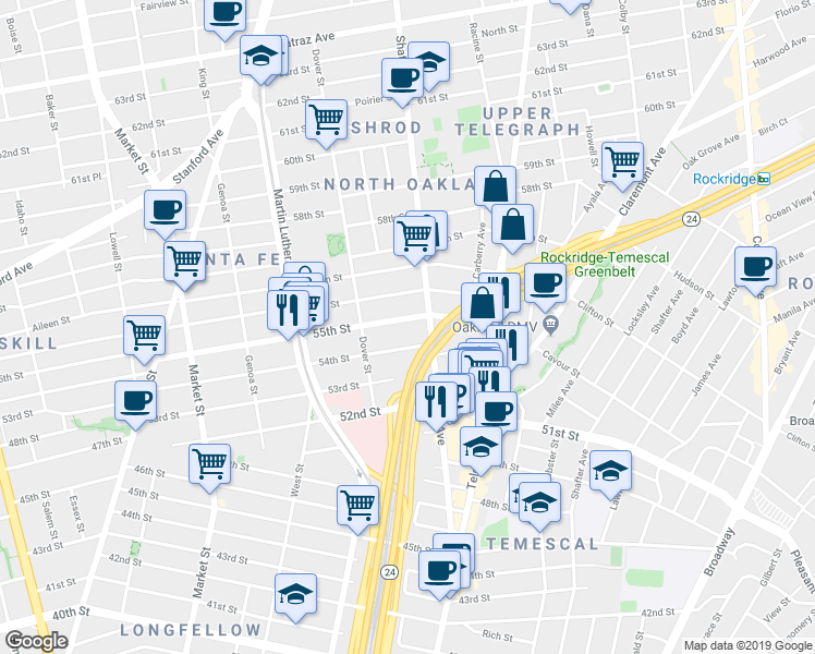map of restaurants, bars, coffee shops, grocery stores, and more near 600 55th Street in Oakland