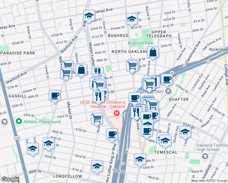 map of restaurants, bars, coffee shops, grocery stores, and more near 725 56th Street in Oakland