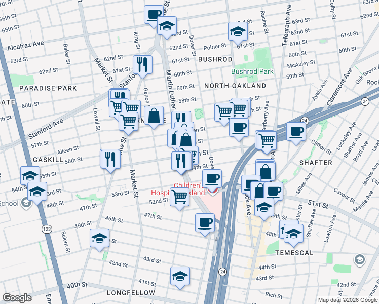 map of restaurants, bars, coffee shops, grocery stores, and more near 5536 Martin Luther King Junior Way in Oakland
