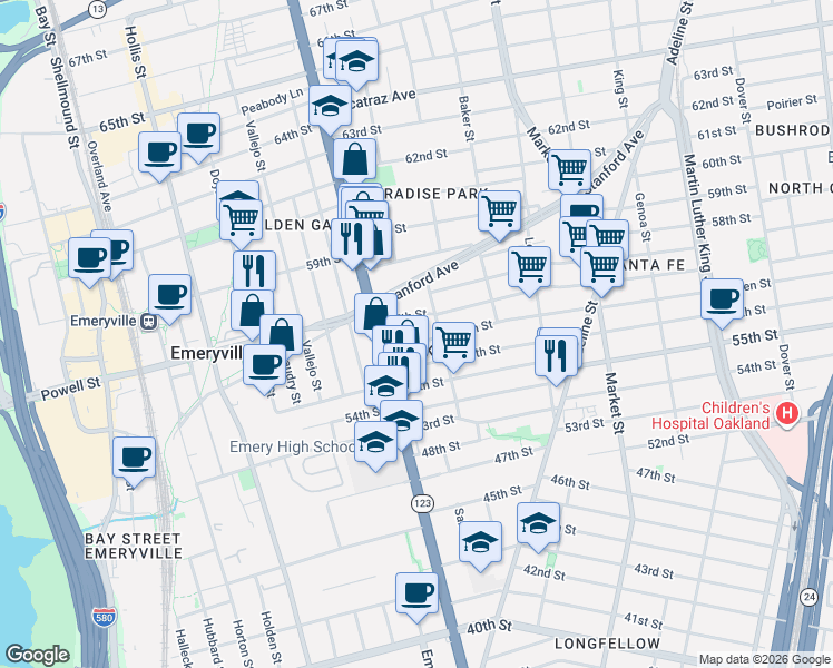 map of restaurants, bars, coffee shops, grocery stores, and more near 1073 57th Street in Oakland