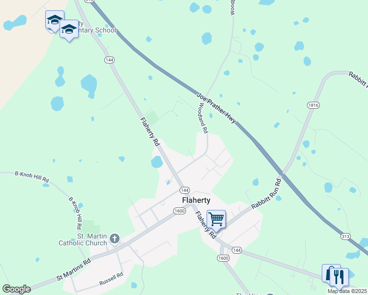 map of restaurants, bars, coffee shops, grocery stores, and more near 3420 Flaherty Road in Vine Grove