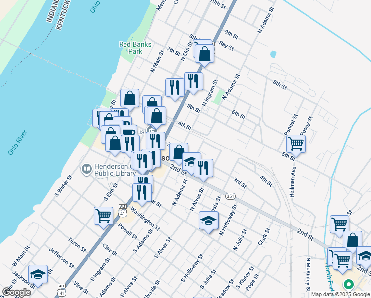 map of restaurants, bars, coffee shops, grocery stores, and more near 319 North Ingram Street in Henderson