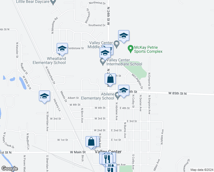 map of restaurants, bars, coffee shops, grocery stores, and more near 633 North Meridian Avenue in Valley Center