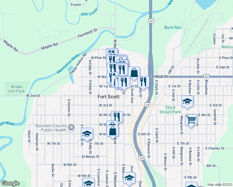 map of restaurants, bars, coffee shops, grocery stores, and more near 15 East 2nd Street in Fort Scott