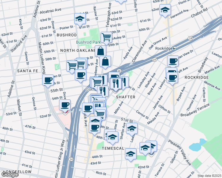 map of restaurants, bars, coffee shops, grocery stores, and more near 5480 Vicente Way in Oakland