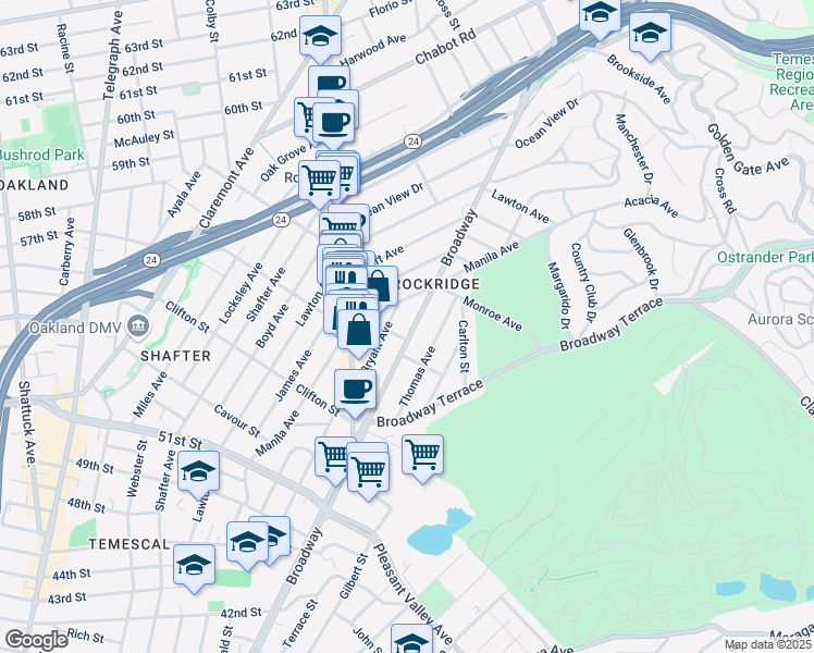 map of restaurants, bars, coffee shops, grocery stores, and more near 5512 Broadway in Oakland