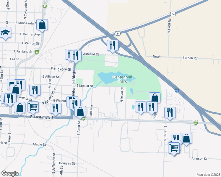 map of restaurants, bars, coffee shops, grocery stores, and more near 1702 East Locust Street in Nevada