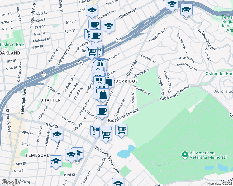 map of restaurants, bars, coffee shops, grocery stores, and more near 5445 Broadway in Oakland