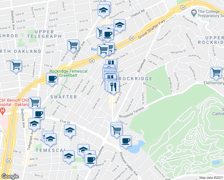 map of restaurants, bars, coffee shops, grocery stores, and more near College Avenue & Manila Avenue in Oakland
