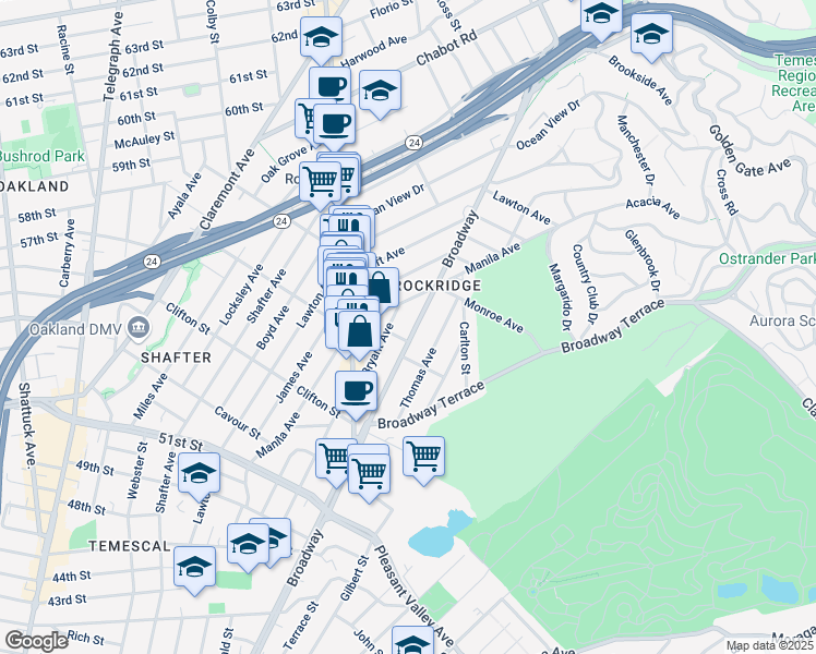 map of restaurants, bars, coffee shops, grocery stores, and more near 5445 Broadway in Oakland