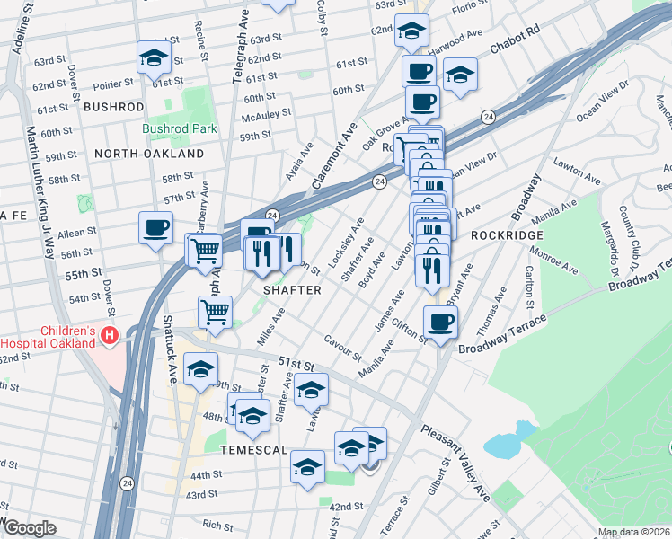map of restaurants, bars, coffee shops, grocery stores, and more near 5328 Locksley Avenue in Oakland