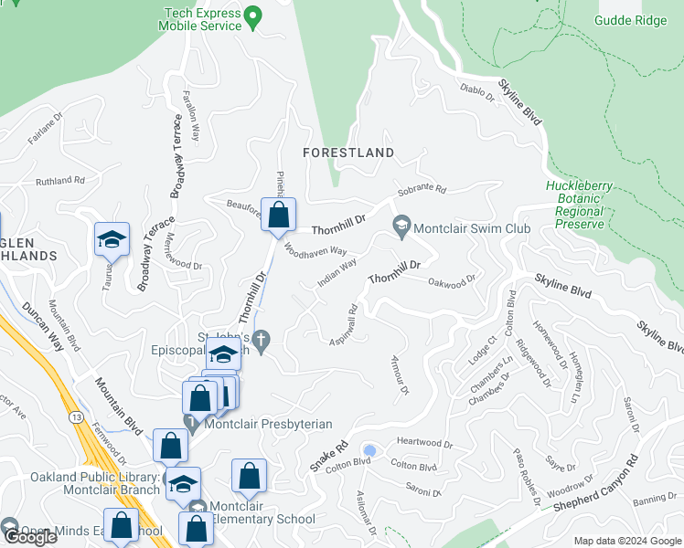map of restaurants, bars, coffee shops, grocery stores, and more near 1767 Indian Way in Oakland