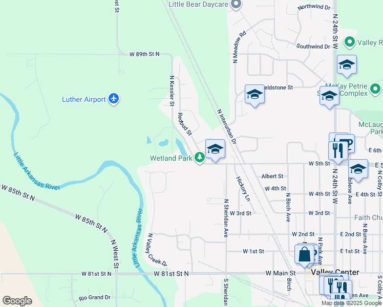 map of restaurants, bars, coffee shops, grocery stores, and more near 3675 West 85th Street North in Valley Center