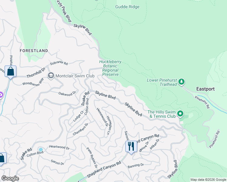 map of restaurants, bars, coffee shops, grocery stores, and more near 1889 Manzanita Drive in Oakland