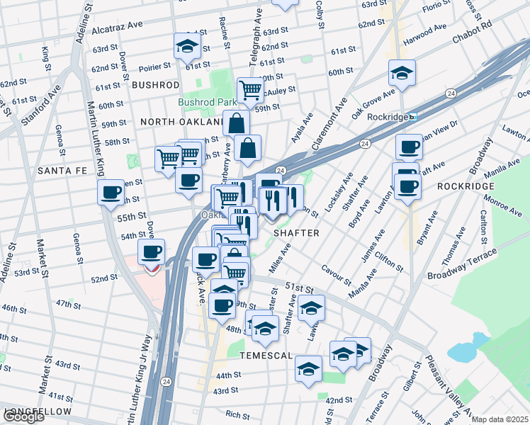 map of restaurants, bars, coffee shops, grocery stores, and more near 5524 Vicente Way in Oakland