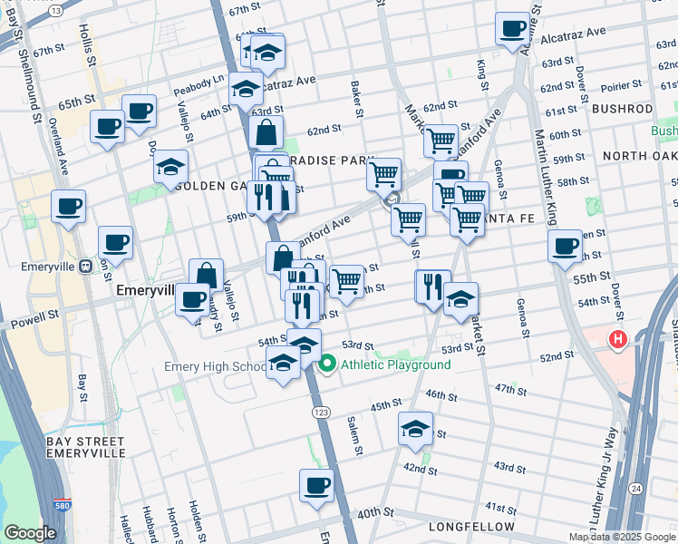 map of restaurants, bars, coffee shops, grocery stores, and more near 1048 Aileen Street in Oakland