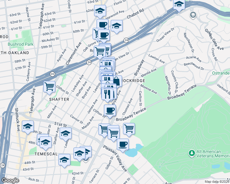 map of restaurants, bars, coffee shops, grocery stores, and more near 5457 Manila Avenue in Oakland