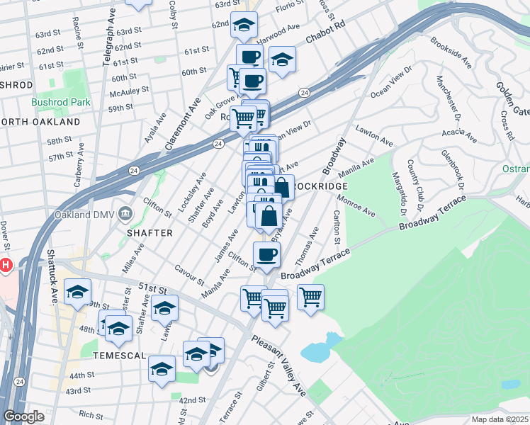 map of restaurants, bars, coffee shops, grocery stores, and more near 5413 College Avenue in Oakland