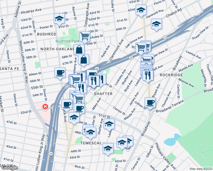 map of restaurants, bars, coffee shops, grocery stores, and more near 5301 Miles Avenue in Oakland