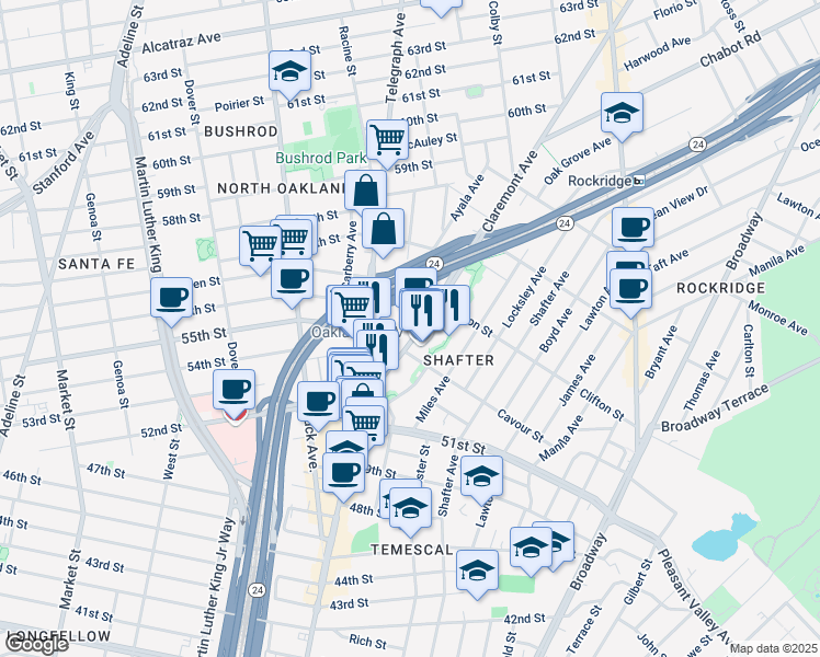 map of restaurants, bars, coffee shops, grocery stores, and more near 5524 Vicente Way in Oakland