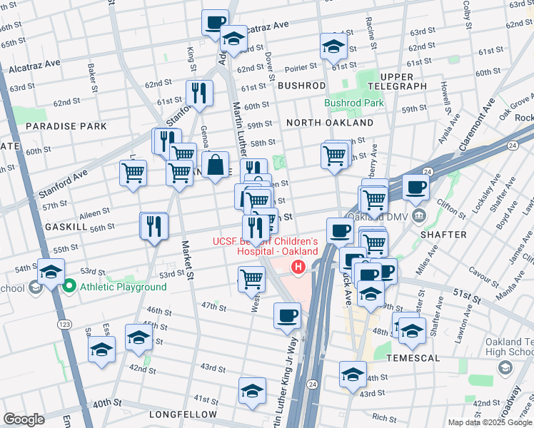 map of restaurants, bars, coffee shops, grocery stores, and more near 5536 Martin Luther King Junior Way in Oakland