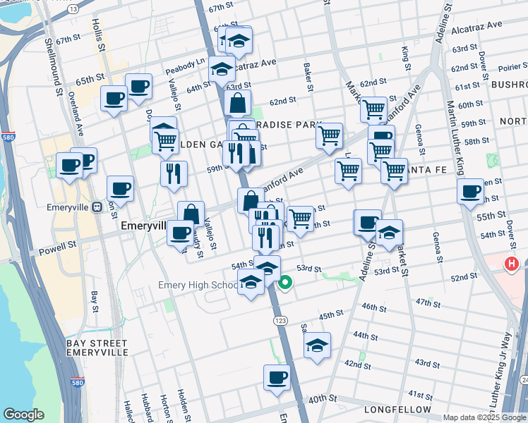 map of restaurants, bars, coffee shops, grocery stores, and more near 1073 57th Street in Oakland
