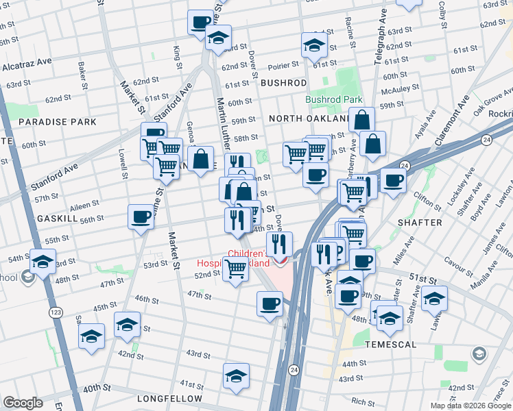 map of restaurants, bars, coffee shops, grocery stores, and more near 725 56th Street in Oakland