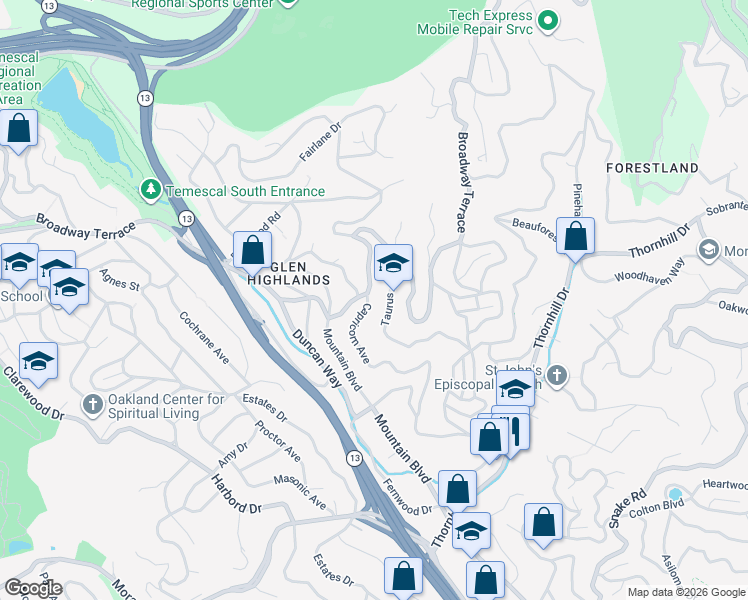 map of restaurants, bars, coffee shops, grocery stores, and more near 104 Capricorn Avenue in Oakland