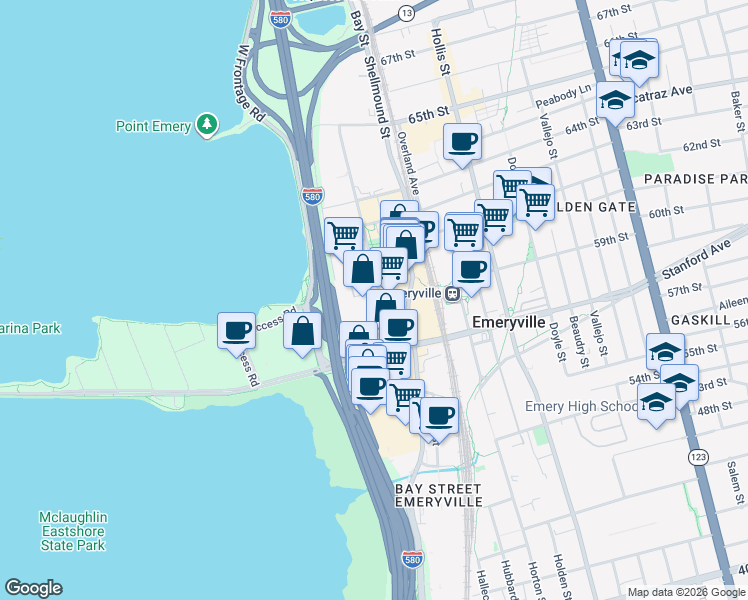 map of restaurants, bars, coffee shops, grocery stores, and more near 6007 Christie Avenue in Emeryville