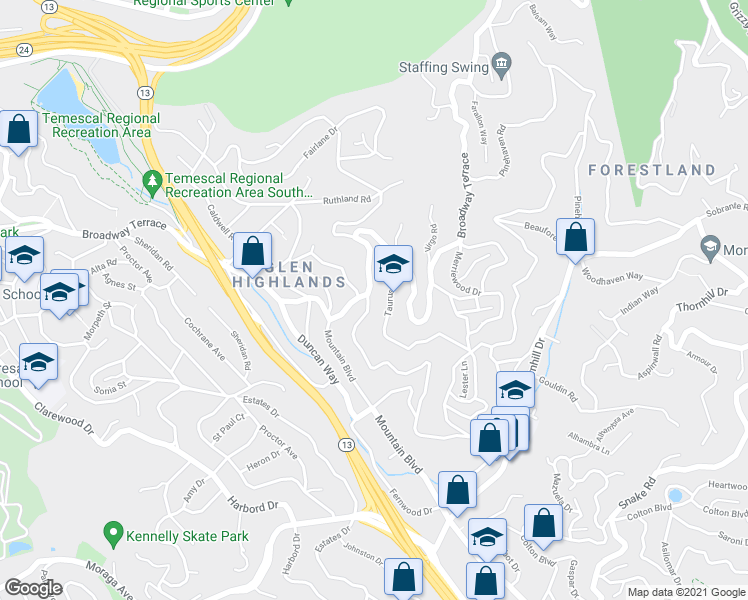 map of restaurants, bars, coffee shops, grocery stores, and more near 104 Capricorn Avenue in Oakland