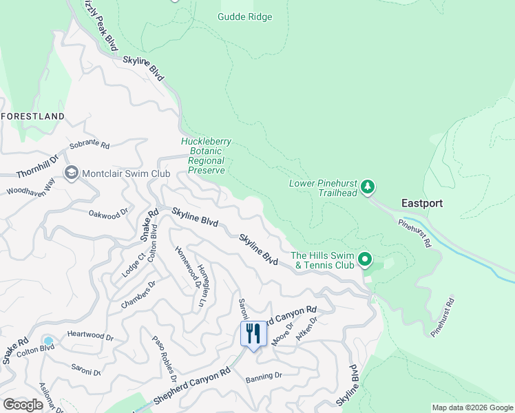 map of restaurants, bars, coffee shops, grocery stores, and more near 2030 Manzanita Drive in Oakland