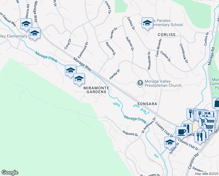 map of restaurants, bars, coffee shops, grocery stores, and more near 91 Miramonte Drive in Moraga