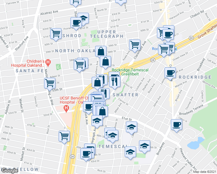 map of restaurants, bars, coffee shops, grocery stores, and more near 5524 Vicente Way in Oakland