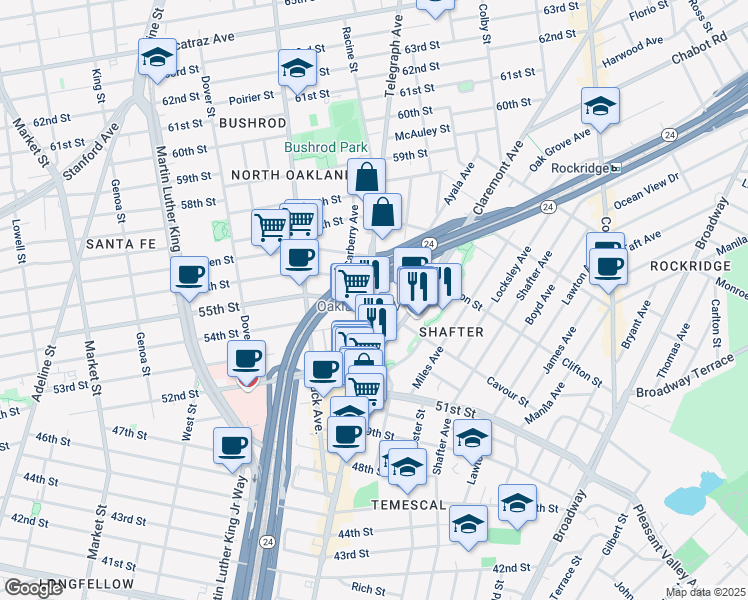 map of restaurants, bars, coffee shops, grocery stores, and more near 5601 Telegraph Avenue in Oakland