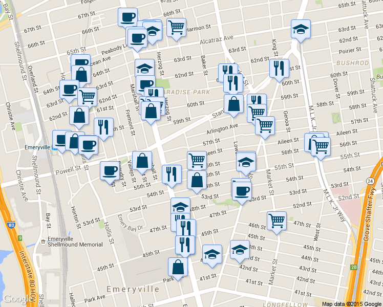 map of restaurants, bars, coffee shops, grocery stores, and more near 1039 57th Street in Oakland