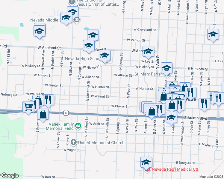 map of restaurants, bars, coffee shops, grocery stores, and more near 729 West Hunter Street in Nevada