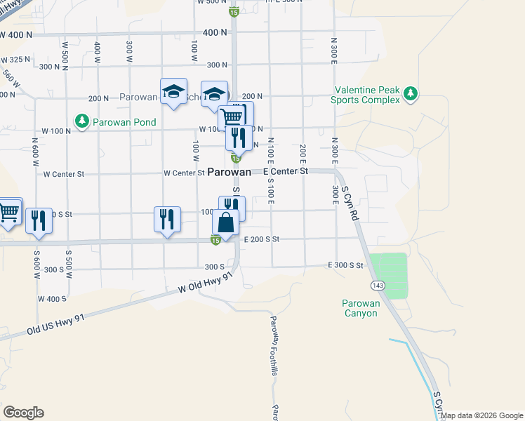 map of restaurants, bars, coffee shops, grocery stores, and more near 69 East 100 South in Parowan