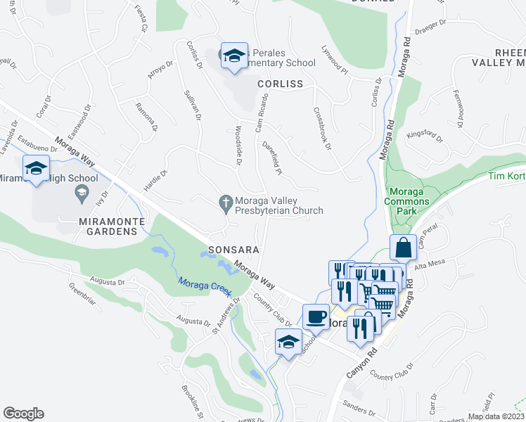 map of restaurants, bars, coffee shops, grocery stores, and more near 932 Camino Ricardo in Moraga