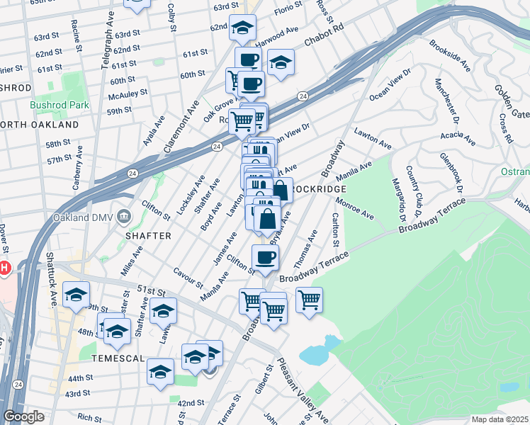 map of restaurants, bars, coffee shops, grocery stores, and more near 5404 College Avenue in Oakland