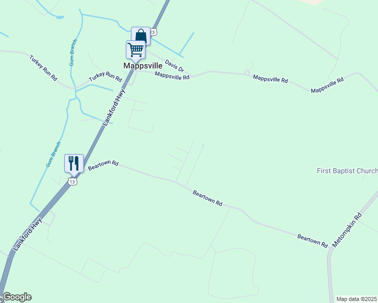 map of restaurants, bars, coffee shops, grocery stores, and more near 3400 Chester Street in Bloxom