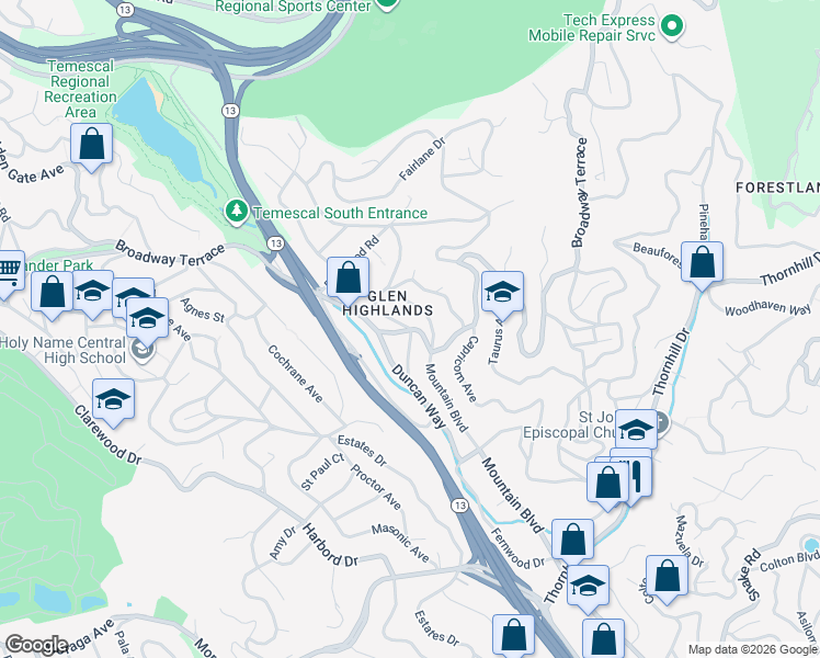 map of restaurants, bars, coffee shops, grocery stores, and more near Broadway Terrace & Leo Way in Oakland