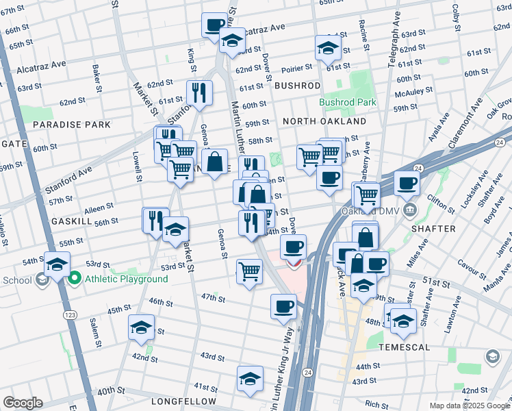 map of restaurants, bars, coffee shops, grocery stores, and more near 5536 Martin Luther King Junior Way in Oakland