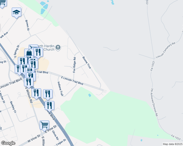 map of restaurants, bars, coffee shops, grocery stores, and more near 237 Boone Trce in Radcliff