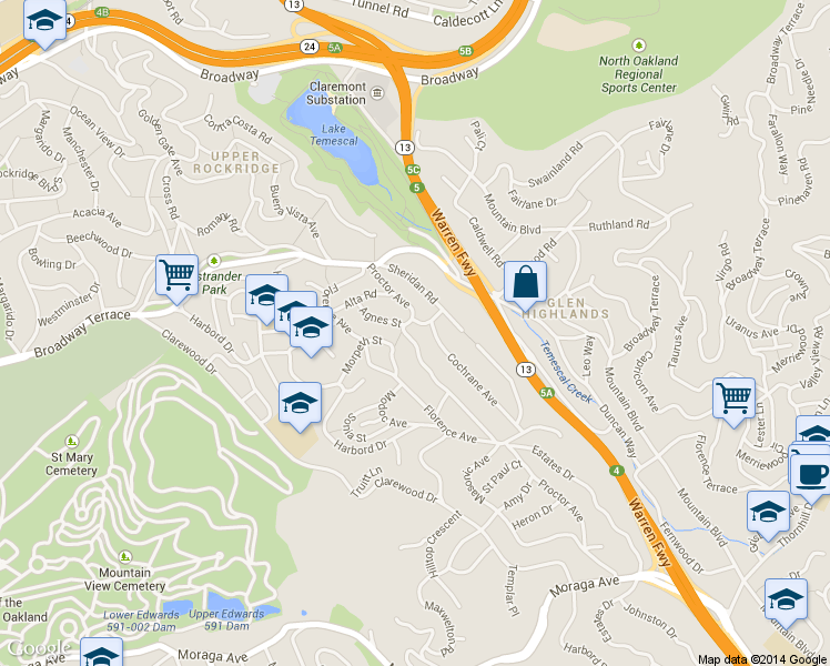 map of restaurants, bars, coffee shops, grocery stores, and more near 4914 Proctor Avenue in Oakland
