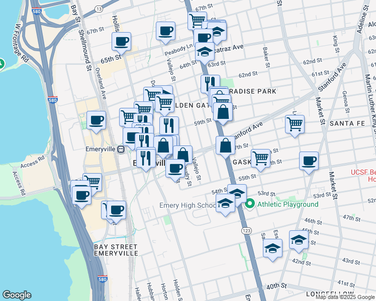 map of restaurants, bars, coffee shops, grocery stores, and more near 1240 Powell Street in Emeryville