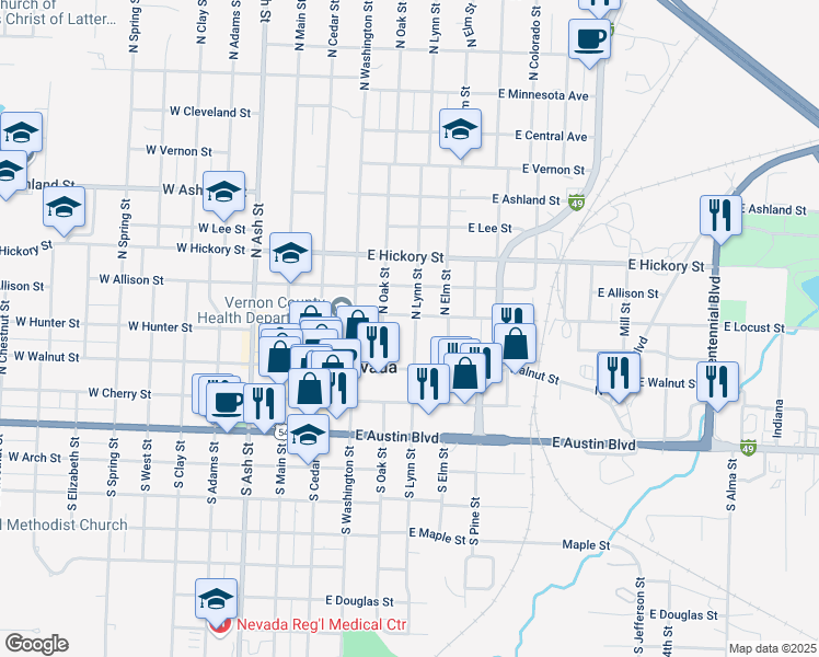 map of restaurants, bars, coffee shops, grocery stores, and more near 241 North Lynn Street in Nevada